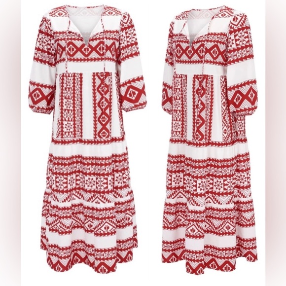 New Boho Ethic Geo Aztec Tribal Pattern Maxi Dress Loose Long Puff Sleeves Vneck - Picture 6 of 16